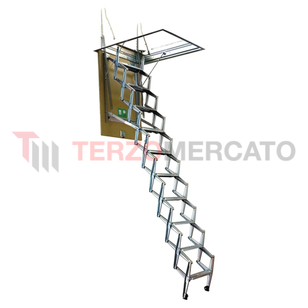 Scala retrattile in acciaio da soffitto foro 50x70 cm (lxp) altezza 300 cm 11 gradini