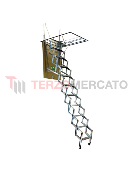 Scala retrattile in acciaio da soffitto foro 50x70 cm (lxp) altezza 300 cm 11 gradini